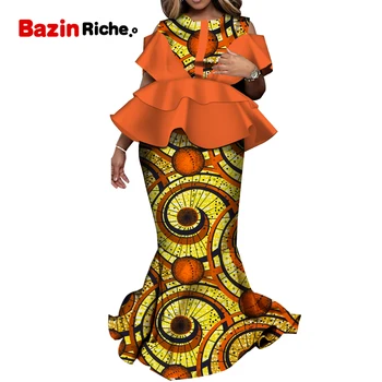 Afrikos Dviejų dalių Komplektus Moterys Šalis Mados Kratinys Dashiki heidi bazin Riche Suknelė Moterims Sijonas Print Ankara Plius Dydis WY9