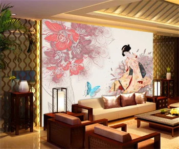 Korėjos stiliaus gražus trimatis bijūnas lady fone freskos Japonų stiliaus 3D viešbutis apdailos foną
