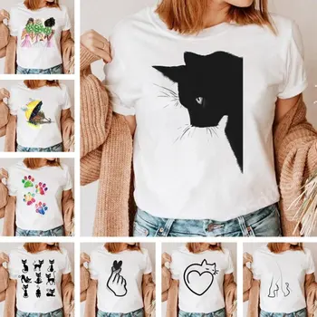 Lovely Cat T-Marškinėliai Moterims Drabužių Mados Trumpas Rankovės Y2k Viršūnes Moterų Vasaros Negabaritinių Grafinis Marškinėliai Harajuku Atsitiktinis Tees
