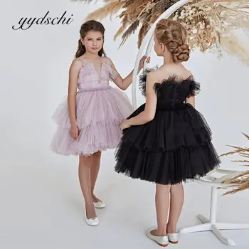 2022 Pink Gėlių Mergaitės Suknelė Su V-Kaklo, Rankovių Tiulio Promenadzie Suknelė Konkurso Pirmosios Komunijos Suknelė Mielas Vestidos De Novia Vaikams