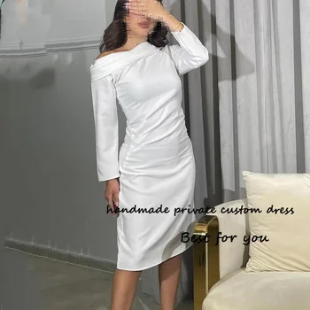 Baltas Mini Saudo arabų Oficialią Suknelės ilgomis Rankovėmis Mono Elegantiškas Satino Dubajus Vakaro Suknelė Moterims Vestuves Chalatai