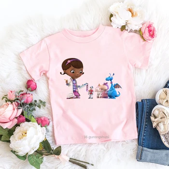 Funny Girl Gydytojas ir Dinozaurų Animacinių filmų Spausdinti Kawaii Merginos, Rožinė T-shirt Vaikai Marškinėlius Vasaros Tees Mergaičių Drabužių Viršūnės T Shirts