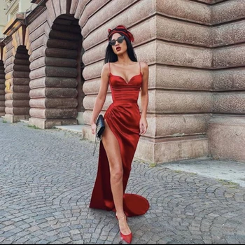 Sexy Raudona Spagečiai Dirželiai Satino Oficialią Suknelės Paprastas Stilius Ilgai Keltas Suknelės, Šaliai, Chalatai Vestidos De Festa Plius Dydis