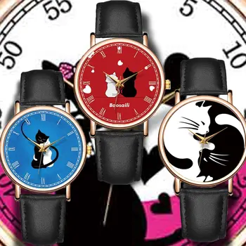 2022 Naujas Moterų Kvarco Žiūrėti Cute Kačių Spausdinti Dail Odos Laikrodžiai Viršų Markės Mados Atsitiktinis Laikrodis Reloj Mujer Montre Femme