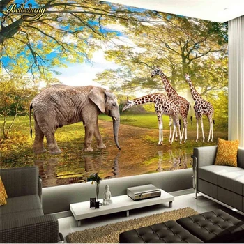 beibehang Užsakymą Gyvūnų Dramblys ir Žirafa Tapetai sienos Kambarį Miegamasis Fone de papel parede 3D Sienų tapetų