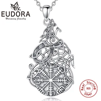 Eudora Nauja 925 Sterling Silver Wolf Keltų Mazgas Karoliai Kelrodis Kompasas Pakabukas Bauda Skandinavų Vikingų Amuletas Papuošalai Vyras Wome