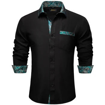 Kryklė, Žalia Paisley Sujungimas Solid Black Marškinėliai Vyrams Naujų Dizainerių Ilgomis Rankovėmis Atsitiktinis Socialinės Suknelė Marškiniai