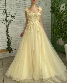 2023 Geltona Suskaidytas Gėlių Suaugusiųjų Nėrinių Suknelė Baigimo Suknelė Dirželis Suknelė