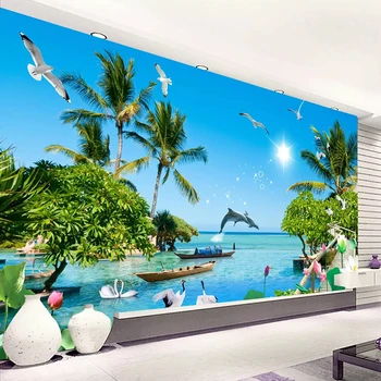 Custom 3D Foto Tapetai Sea View Žuvėdra Kokoso Medžio Sienos Freskos Gyvenamasis Kambarys su Sofa-lova, TV Foną, Sienos Dokumentų Namų Dekoro Šiuolaikinės