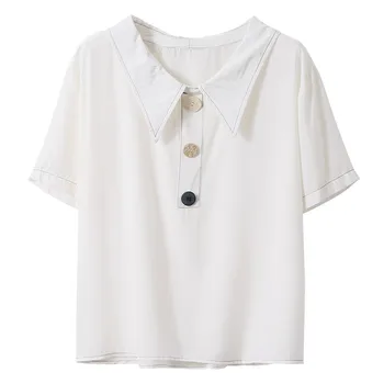moterys vasarą balti trumpomis rankovėmis palaidinė derliaus Įvairius mygtukus turn-žemyn apykaklės marškinėliai atsitiktinis viršūnės