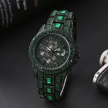 2023 Naujas MISSFOX Prabangūs vyriški Žaliosios Laikrodžiai Automatinė Data Mados Vandeniui Kvarciniai Rankiniai Laikrodžiai Vyras HipHop Šalta Diamond Reloj