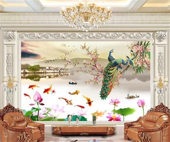 Pritaikyti 3D bet kokio dydžio tapetai, freskos povas lotus devynios žuvų kraštovaizdžio tapybos Kinų stiliaus fone sienų tapybos papel