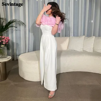 Sevintage Vintage White Pink Undinė Saudo Arabų Prom Dresses Raukiniai Valtis Kaklo Dubajaus Moterų Oficialią Vakaro Suknelės Komplektus 2023