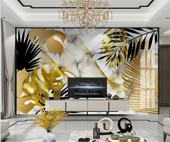 Custom Freskos Tropinių augalų aukso lapai abstrakčiai kreivės marmuro svetainė, Miegamasis, Virtuvė, Sienų Dekoras Tapybos Tapetai, 3D