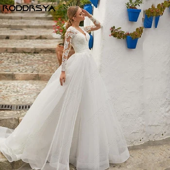 RODDRSYA Elegantiškas Vestuvių Suknelės ilgomis Rankovėmis Nauja 2023 Užtrauktukas Atgal V-Kaklo, Nuotakos Suknelės, Nėriniai Aplikacijos-Line vestidos de novia
