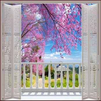 beibehang Tapetai, 3D Stereo Didelis Freskomis Klaidingas windows / romantiškas vyšnių pavasario lauko sofa-lova, miegamojo flash sidabro medžiaga