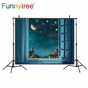 Funnytree fone fotostudija fariy pasakos lango nakties dangus, žvaigždės, mėnulis vaikas fotografijos ekrano fonas photobooth