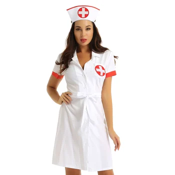 3Pcs Moterų Suaugusiųjų Slaugytoja Fancy Dress Cosplay Kostiumai, Apranga Atvartas Apykaklės Moteriškas Naughty Nurse Vienodas Suknelė su Diržu ir Skrybėlę