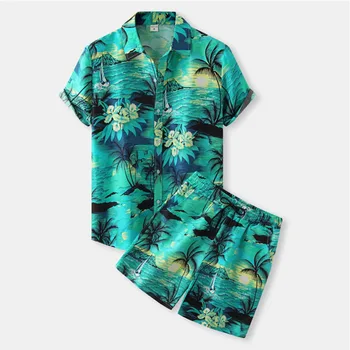 Vyriški Prabangūs Spausdinti Havajų Marškinėliai ir Trumpi 2 Gabalas Atostogų Komplektus, Rinkinius, Atsitiktinis Mygtuką, Paplūdimio Gėlių Kostiumai