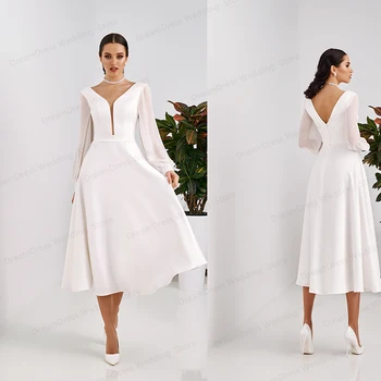 Elegantiškas Ilgomis Rankovėmis Trumpą Vestuvių Suknelė Iki 2021 M. Už Nuotaka Kulkšnies Ilgis V Kaklo Satin Balta Suknelė Moterims Vestidos De Noiva Užsakymą