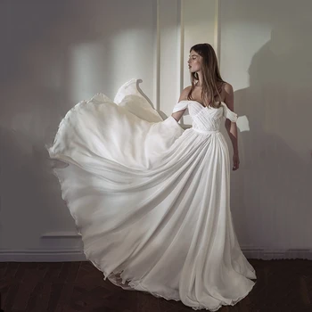 2021 Paprasta Šventoji Šifono Nuotakos Vestuvių Suknelės Off Peties Rankoves Brangioji Atvira nugara Vestuvių Suknelė Nuotakos Plisuotos Parduoti