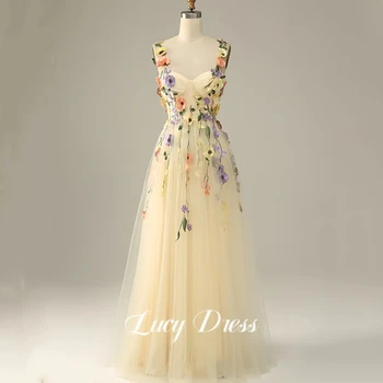 Liucija Išskirtinį 3D Gėlės Prom Dresses Brangioji Gėlių StrapsTea Ilgis Vakare Chalatai Oficialų Šalis Suknelė Su Kišenėmis Moterims